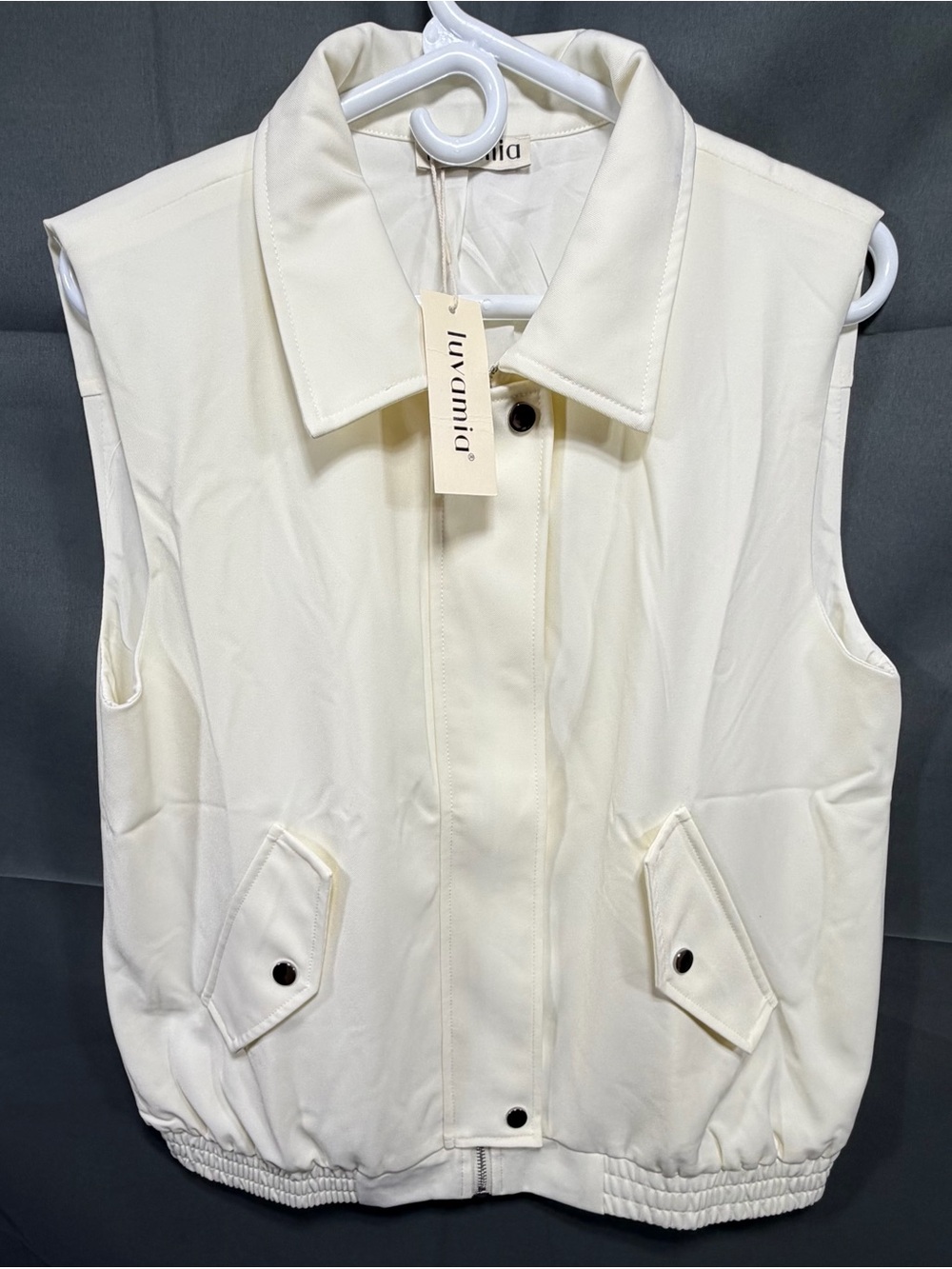 luvamia Womens Outerwear Vest M Zip Snap Pleated Back Elastic Bottom Off White